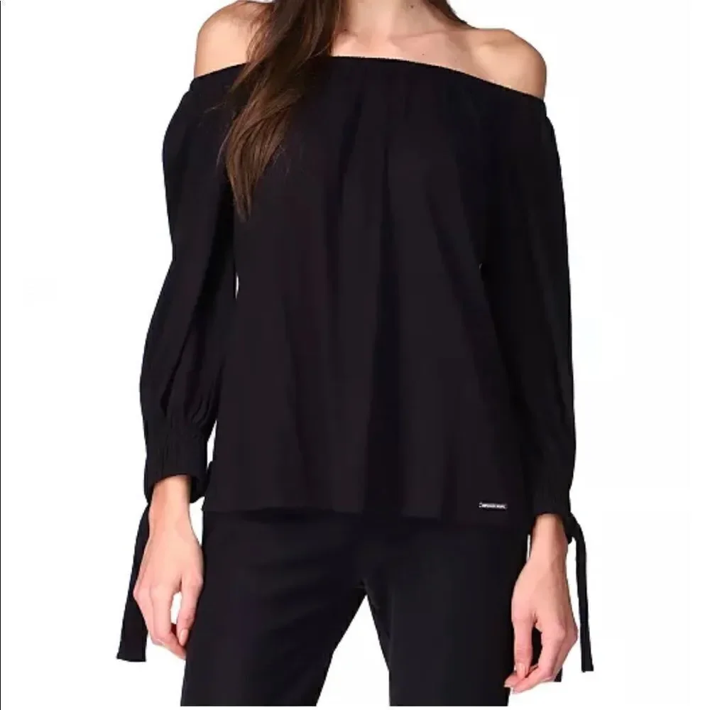 🍑 Michael Kors Off-The-Shoulder Tie-Sleeve Peasant Top